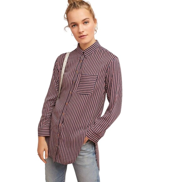 Maeve Anthropologie Shirt Blouse Adelaide Blue Red Striped Poplin Button Down M - Picture 1 of 16